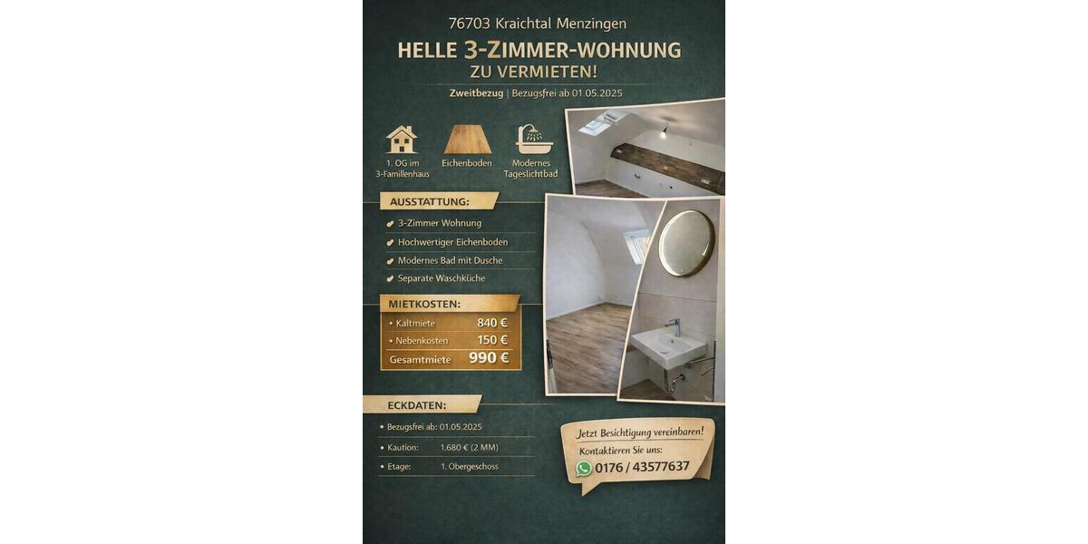 Etagenwohnung Kraichtal - 3 Zimmer, 65 m&sup2;, 990&euro; | Angebot:25942976