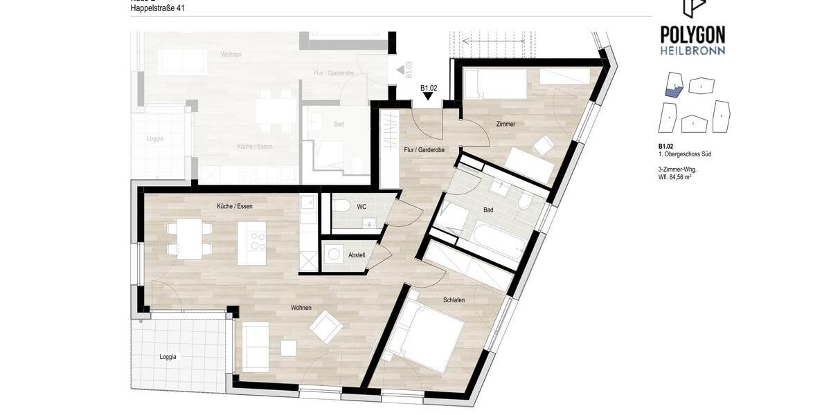 Etagenwohnung Heilbronn Kernstadt - 3 Zimmer, 85 m&sup2;, 1.260&euro; | Angebot:25756693
