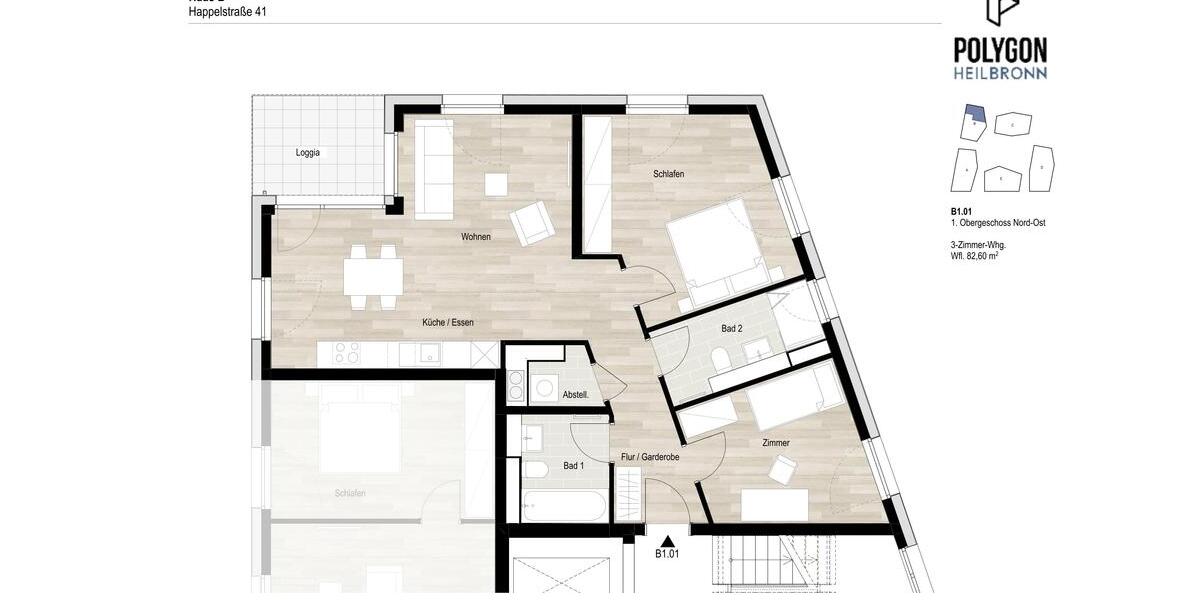 Etagenwohnung Heilbronn Kernstadt - 3 Zimmer, 83 m&sup2;, 1.220&euro; | Angebot:25869166