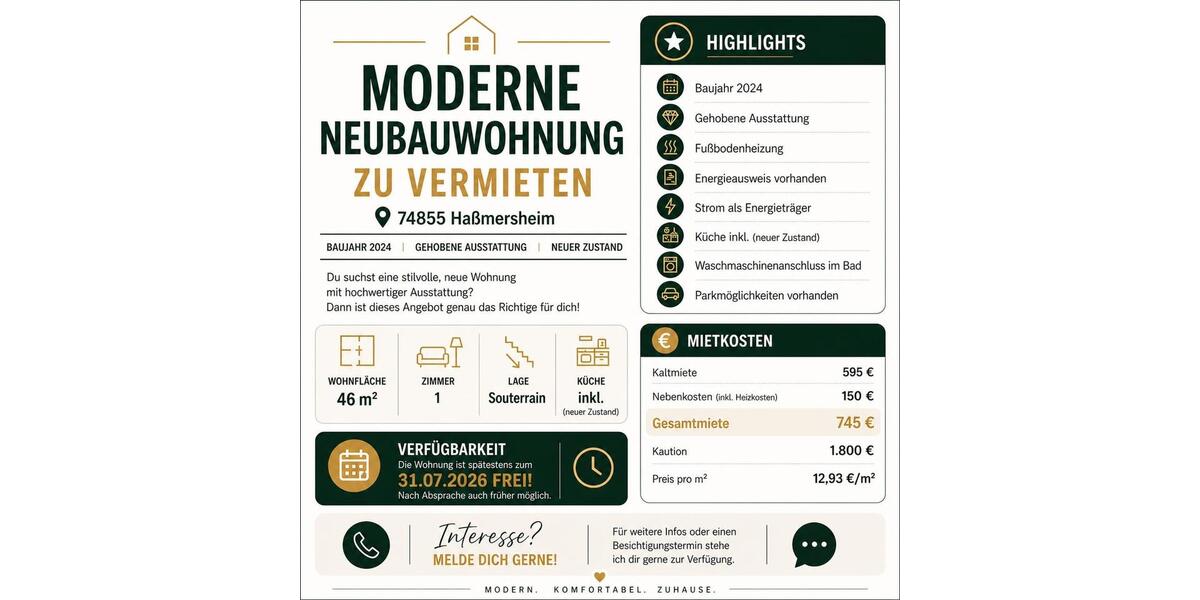 Etagenwohnung Haßmersheim - 1 Zimmer, 46 m&sup2;, 725&euro; | Angebot:26420777