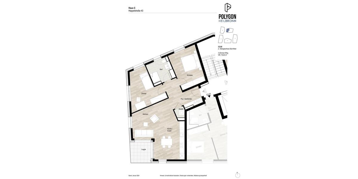 Etagenwohnung Heilbronn Kernstadt - 3 Zimmer, 79 m&sup2;, 1.230&euro; | Angebot:23244498