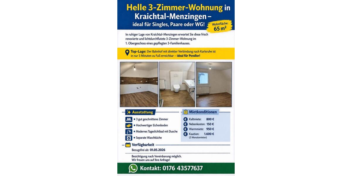 Etagenwohnung Kraichtal - 3 Zimmer, 65 m&sup2;, 990&euro; | Angebot:25942976