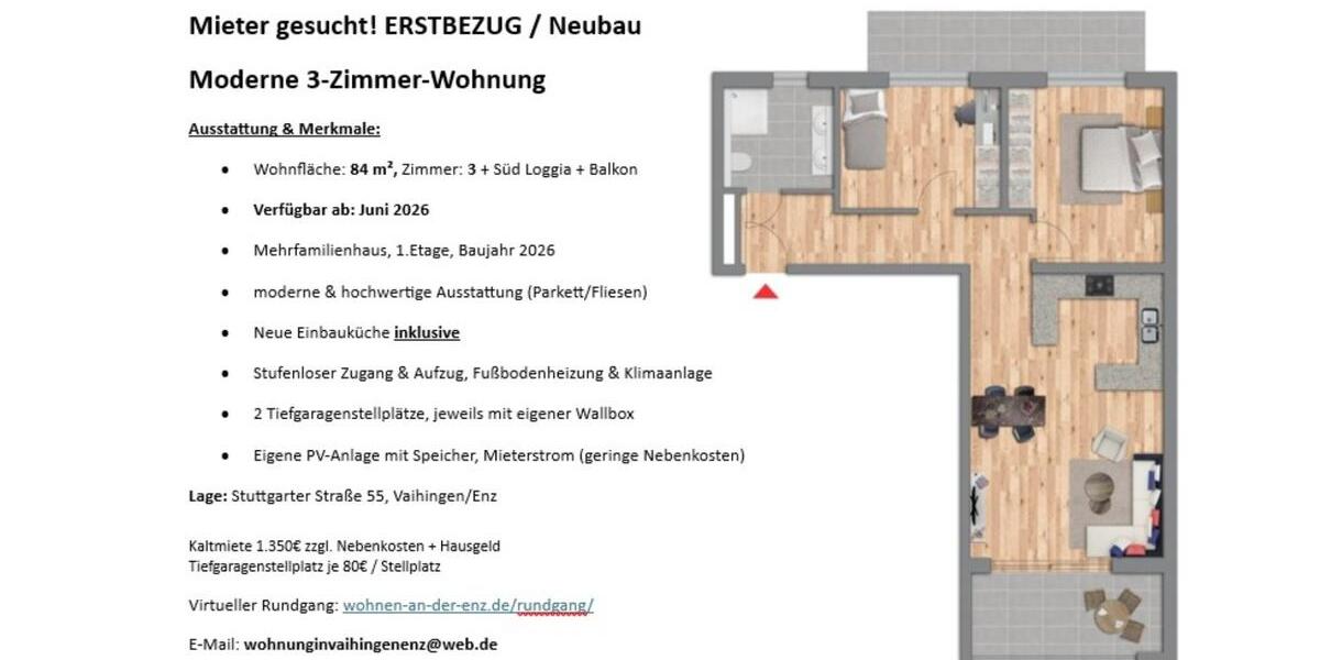 Etagenwohnung Vaihingen an der Enz - 3 Zimmer, 84 m&sup2;, 1.500&euro; | Angebot:24248133