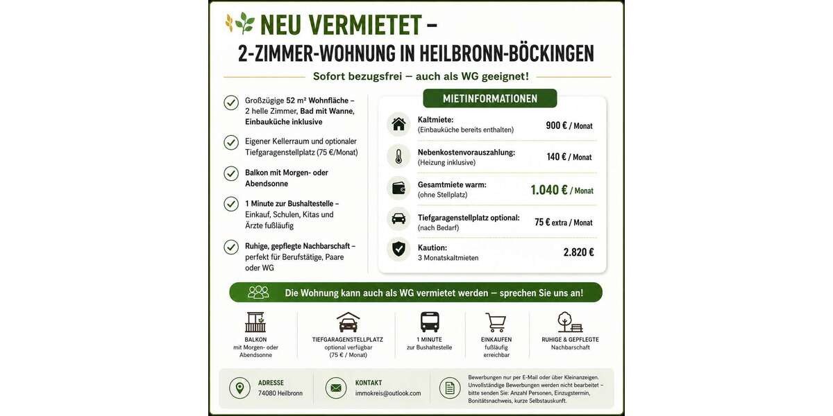 Etagenwohnung Heilbronn Böckingen - 2 Zimmer, 52 m&sup2;, 896&euro; | Angebot:27335456