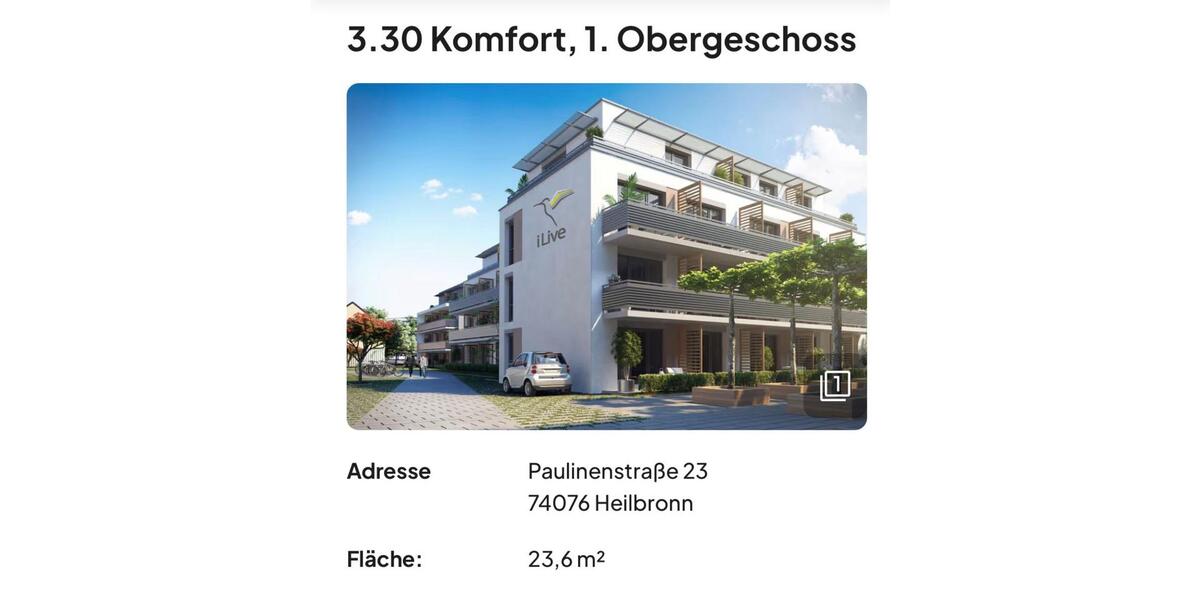 Etagenwohnung Heilbronn - 1 Zimmer, 21 m&sup2;, 667&euro; | Angebot:25634576