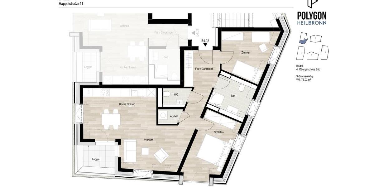 Etagenwohnung Heilbronn Kernstadt - 3 Zimmer, 76 m&sup2;, 1.190&euro; | Angebot:25589028